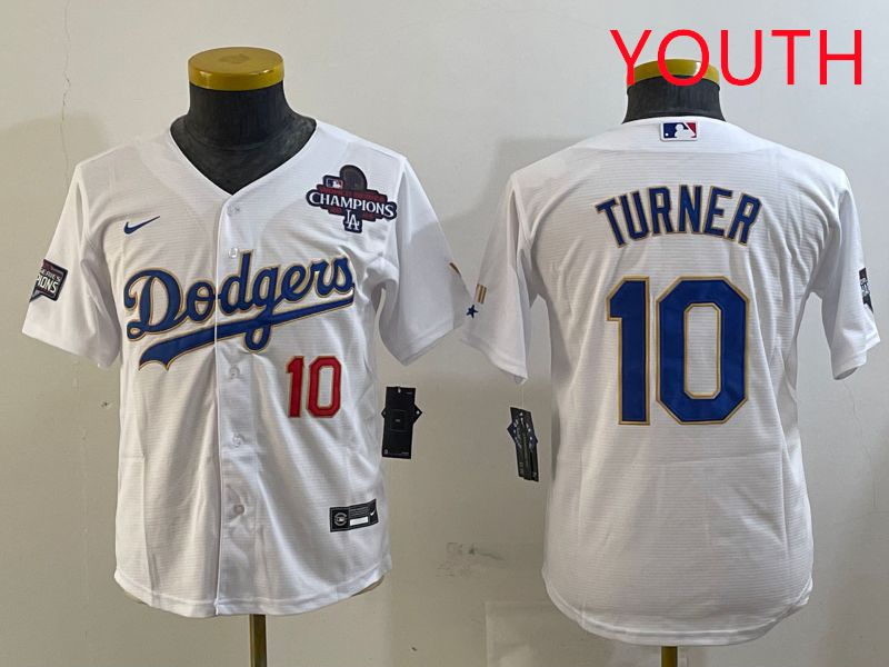 Youth Los Angeles Dodgers 10 Turner White Gold Game 2025 Nike MLB Jersey style 4